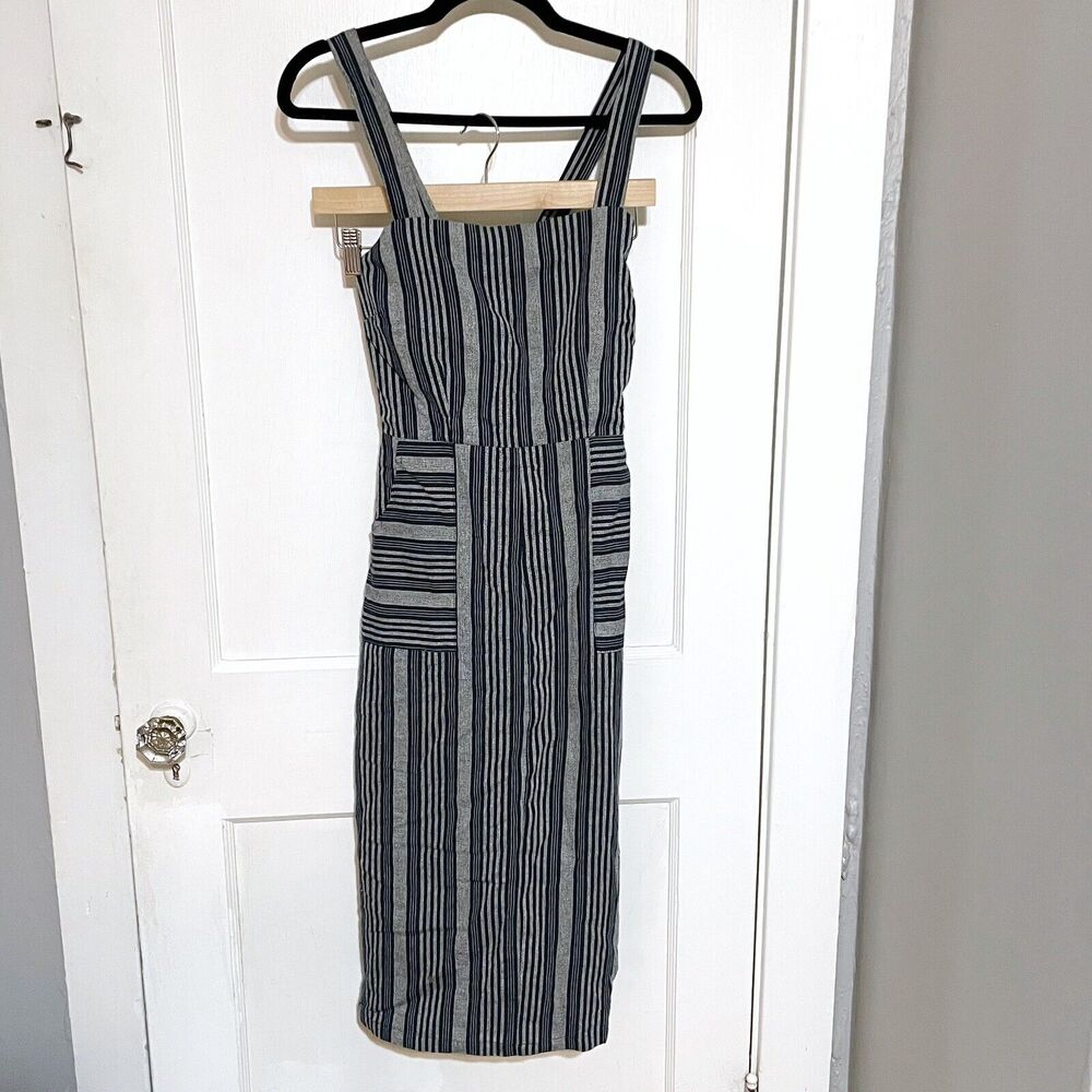 Stelen cotton Navy Blue Stripe pinafore dress crisscross back Women’s Small